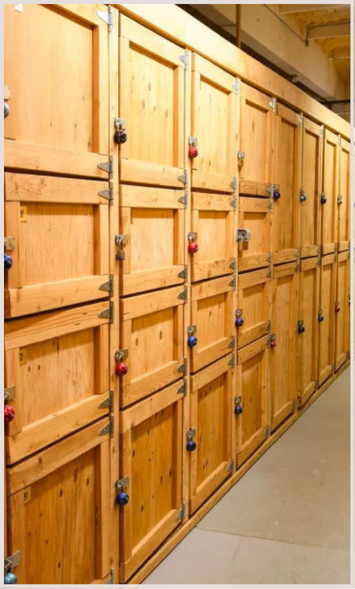 wooden wine storage lockers in a wine storage facility