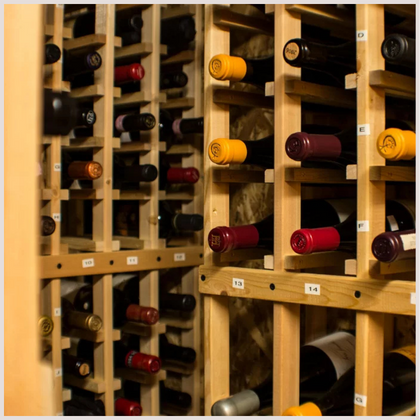 Wine bottles stored in a climate controlled wine storage facility.