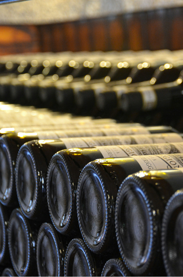 wine stored on it's side in a wine storage facility
